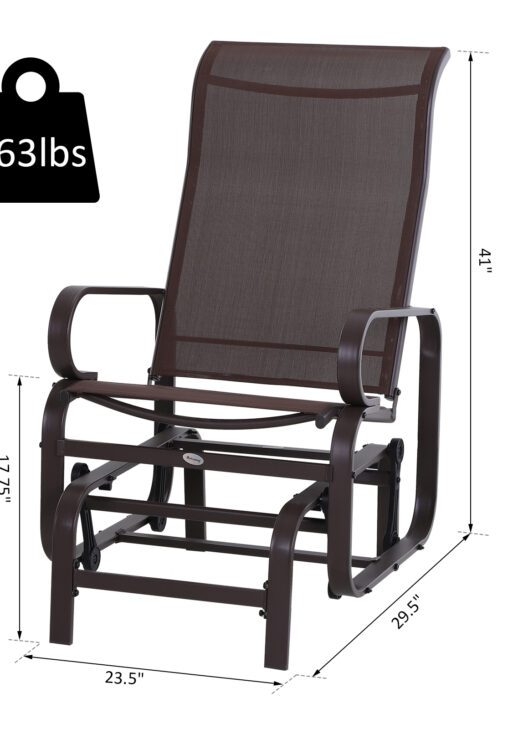 1-Person Outdoor Glider Swing, Single Rocker, Ergonomic Head Support, with Lightweight Metal & Mesh Construction, Supports Up to 352 lbs., for Backyard, Garden, Porch, Brown
