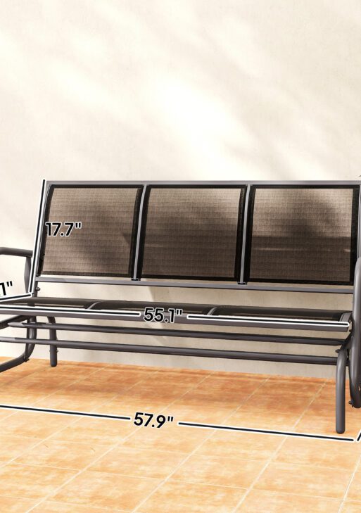 3-Person Outdoor Patio Glider Bench, Porch Glider Swing with 3 Seats, Breathable Mesh Fabric, Metal Frame, Black