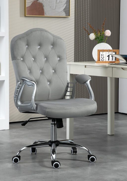 Velvet Office Chair Desk Chair with 360 Degree Swivel Wheels Adjustable Height Tilt Function Light Gray