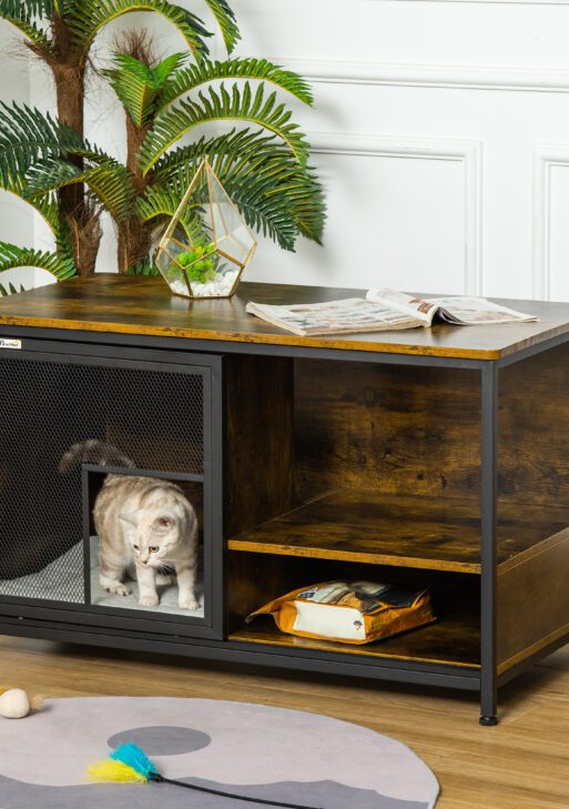 Wooden Cat Crate, Furniture Style Dog Cage, Puppy Kennel Indoor, End Table Pet House with Cushion and Sliding Doors, Rustic Brown