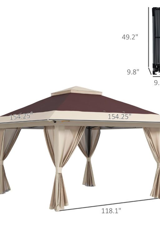 13' x 13' Pop Up Gazebo Instant Canopy Tent Shelter with 2-Tier Roof, Carry Bag, Wight Bags for Outdoor, Garden, Brown