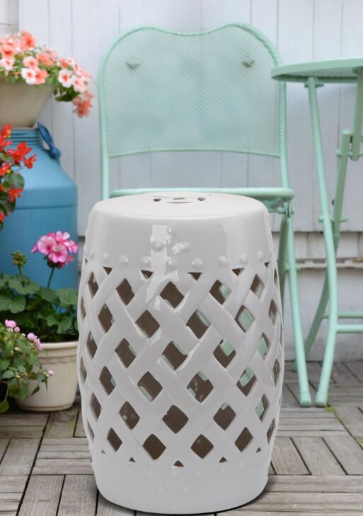 13" x 18" Ceramic Garden Stool with Woven Lattice Design & Glazed Strong Materials Decorative Outdoor Stool, White
