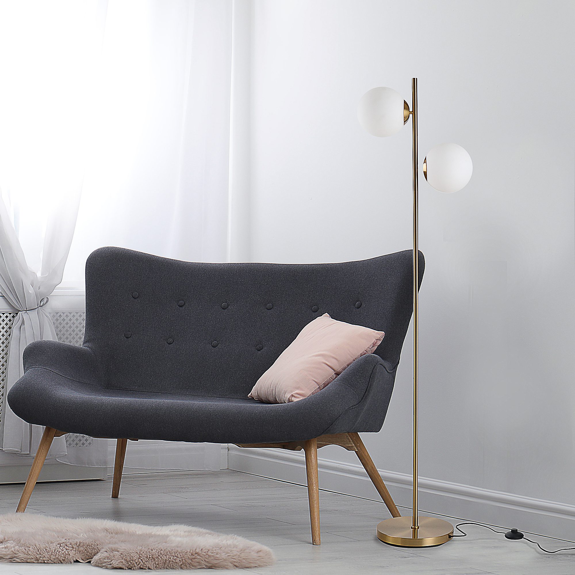 Floor Lamp w/ 2pcs Glass Lamp Shade Modern Portable Decorative Lamp, White - Image 4