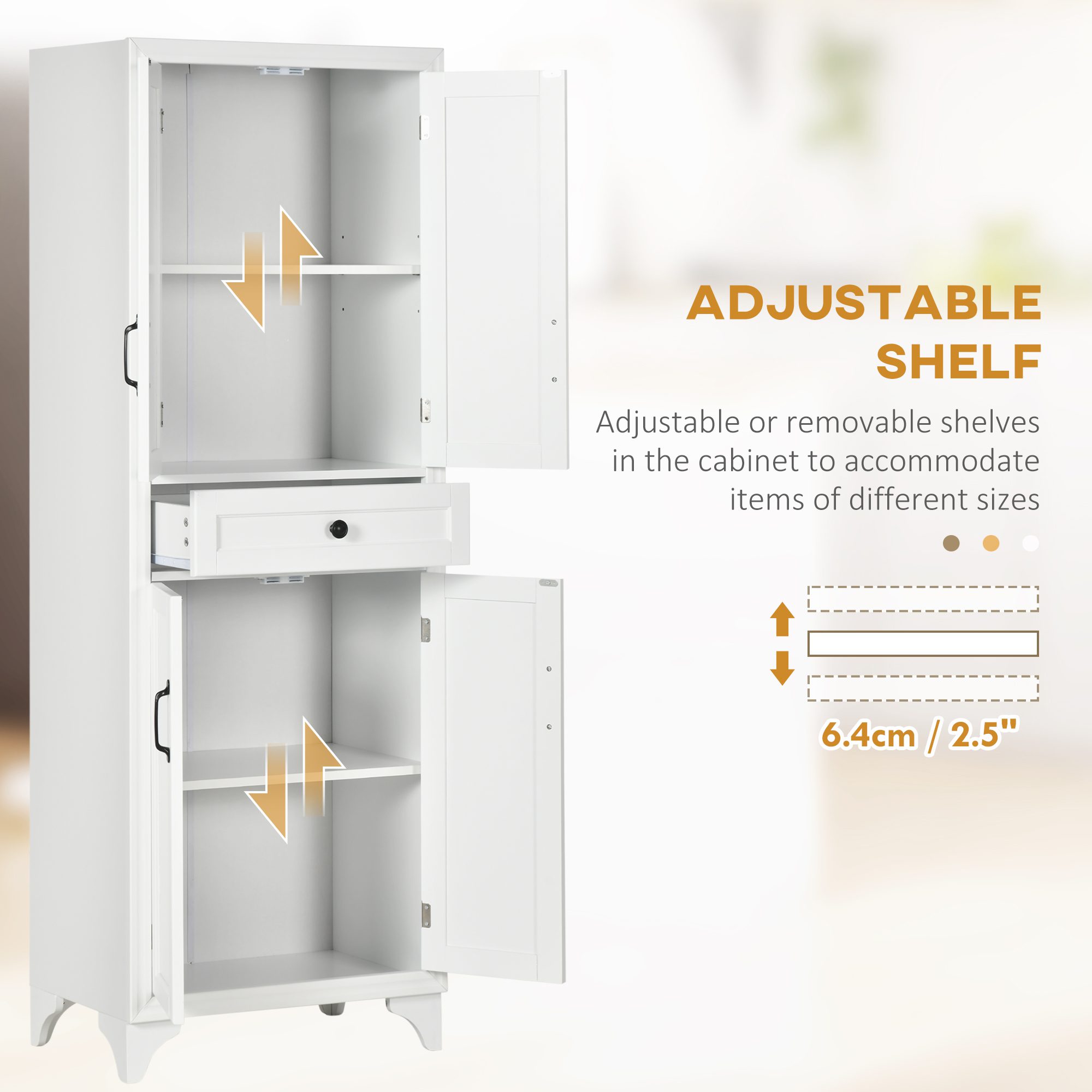 67" 4-Door Kitchen Pantry with Drawer and Adjustable Shelves, White - Image 3