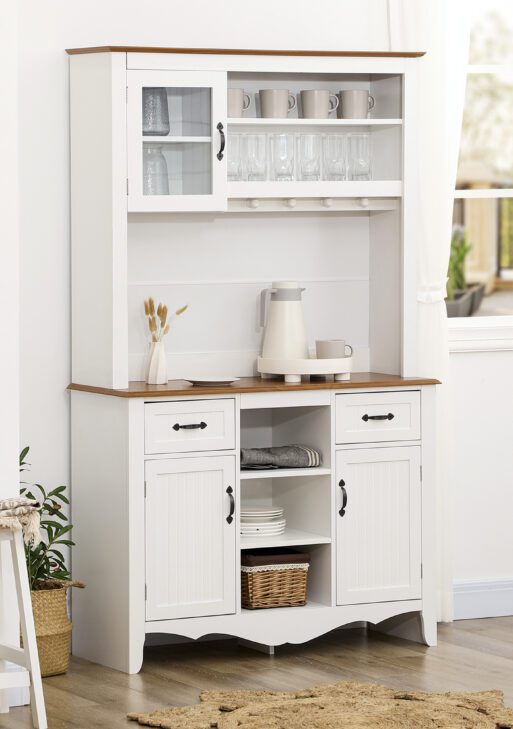 Farmhouse 71" Kitchen Buffet with Hutch, Storage Cabinet with Drawers and Shelves, White