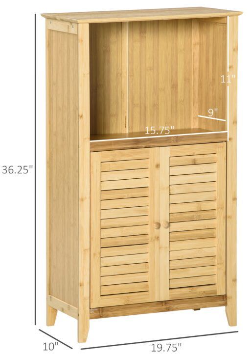 Bamboo Floor Cabinet Bathroom Floor Cabinet Living Room Organizer Tower with Multiple Shelves and Doors, Natural