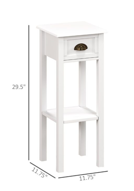 2-Tier Side Tables Set of 2 with Drawer and Shelf, 2 Pieces End Tables for Living Room and Hallway, White