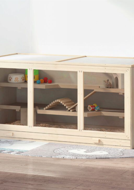 45" Extra Large Wooden Hamster Cage, 3-Layer Rat Cage with Opening Roof, PVC Window, Small Animal Habitat for Gerbil, Dwarf & Syrian Hamsters, Natural