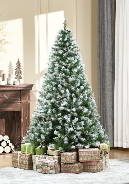 6ft Unlit Snow-Dusted Full Fir Artificial Christmas Tree with Realistic Branches, 61 Pine Cones and 800 Tips