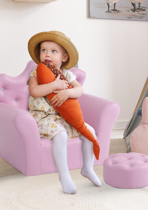 Qaba Kids Sofa Set with Footstool, Princess Sofa with Diamond Decoration