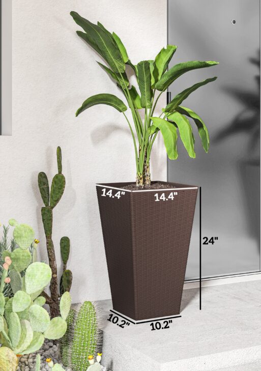 Set of 3 Tall Planters with Drainage Hole, 24" Outdoor Flower Plant Pots, Indoor Planters for Porch, Front Door, Entryway, Patio and Deck, Brown
