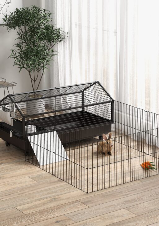 Small Animal Playpen Cage with Rolling Caster, Water Bottle 46.5"