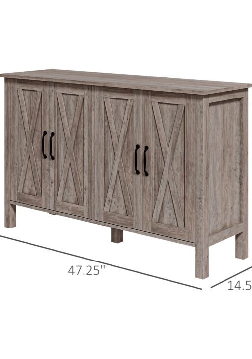 Sideboard Buffet with 4 Barn Doors and 2 Adjustable Shelves, Kitchen Buffet Cabinet for Living Room, Hallway, Gray