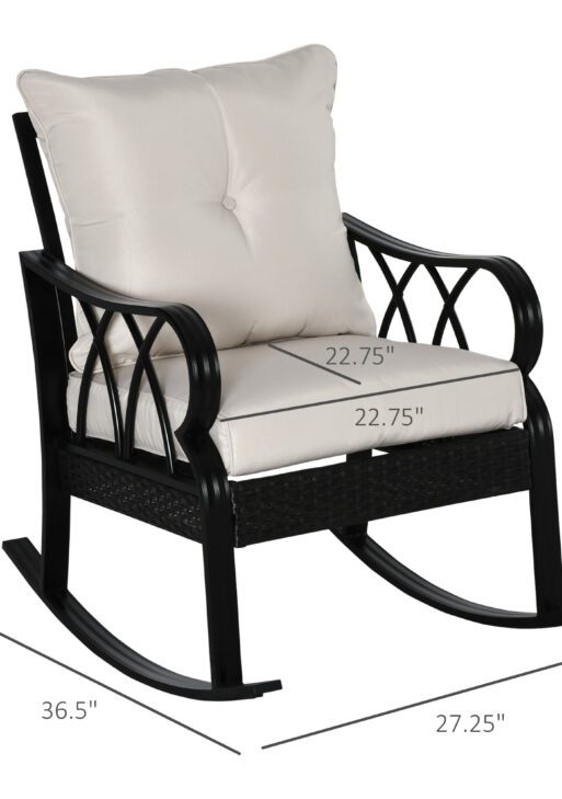Outdoor Wicker Rocking Chair with Padded Cushions, Aluminum Furniture Rattan Porch Rocker Chair w/ Armrest for Garden, Patio, and Backyard, Khaki