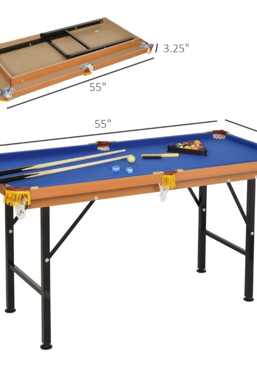 55" Portable Folding Billiards Table Game Pool Table for Whole Family Number Use With Cues, Ball, Rack, Chalk, Blue