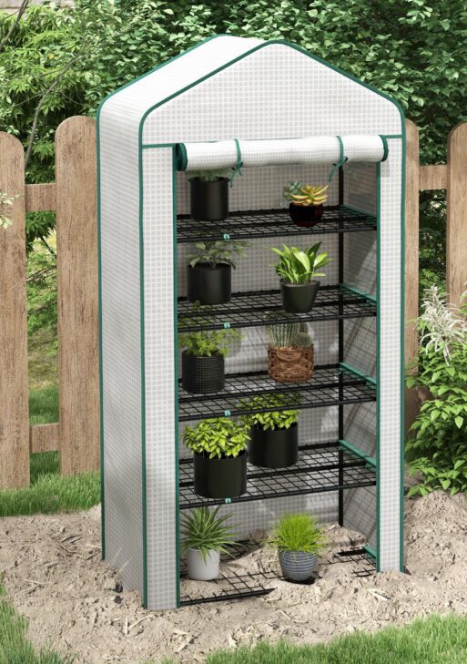 5 Tier Mini Greenhouse, Small Portable Greenhouse with PE Cover, Roll-Up Zippered Door, 76" x 35.4" x 19.3", White