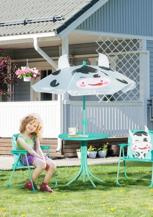 Kids Table and Chair Set, Outdoor Folding Garden Furniture, Picnic Table for Patio Backyard, with Removable & Height Adjustable Sun Umbrella, Aged 3-6 Years Old,White