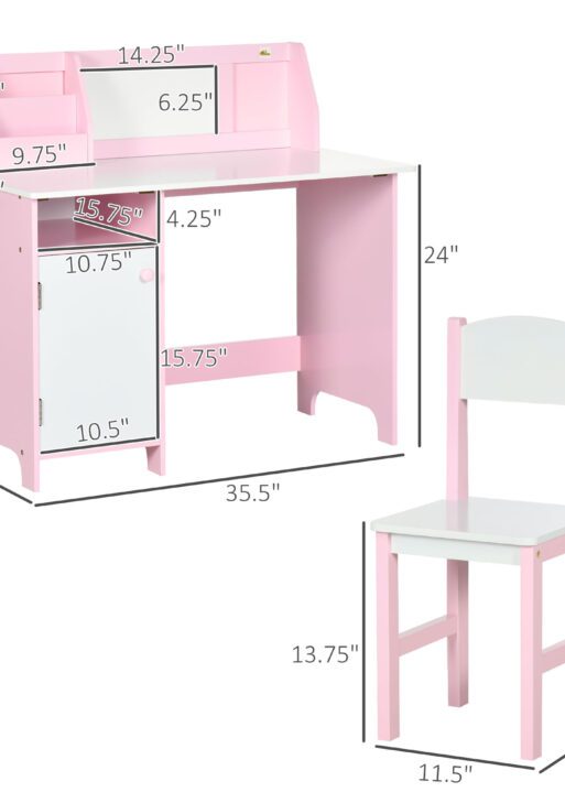 Toddler Table and Chair Set, Kids Writing Desk Homework Table with Whiteboard, Storage Cabinet, Pink