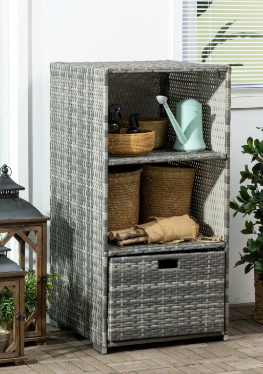 Valet Pool Towel Rack, Waterproof PE Plastic Rattan Wicker Storage Organizer, Indoor Outdoor Spa, and Hot Tub Accessory Storage, 2 Shelves, 1 Basket Drawer, Gray