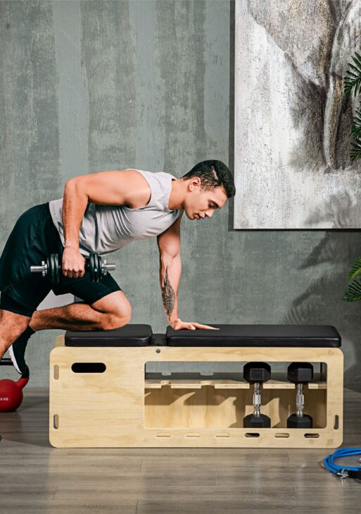 Wooden Workout Bench with Dumbbell Rack and Resistance Bands, Adjustable Incline Weight Bench for Home Gym