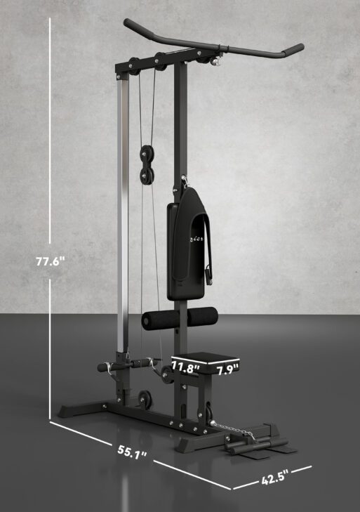 Lat Pull Down Machine, High / Low Pulley Machine with Adjustable Seat and Flip-Up Footplate, Black