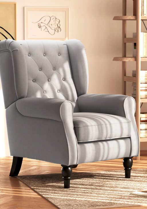 Mid-Century Modern Accent Chair, High Wingback Reading Chair, Button-Tufted Upholstered Fabric Armchair with Retro Wood Legs for Apartment, Living Room, Bedroom, Gray