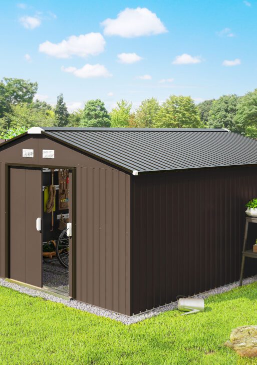 Garden Metal Shed, Storage Shed Utility Storage with Double Locking Doors for Bike, Yard Tools, Brown