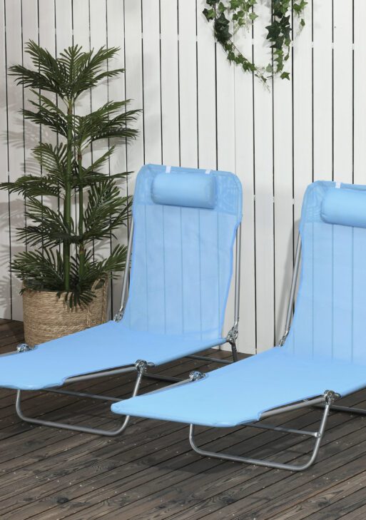 2 Piece Folding Chaise Lounge Chairs, Pool Sun Tanning Chairs with Reclining Back, Breathable Mesh Seat, Headrest for Beach, Yard, Patio, Blue
