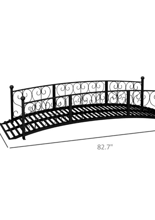 7' Metal Arch Garden Bridge Arc Footbridge with Side Railings Decorative Scrollwork, Black