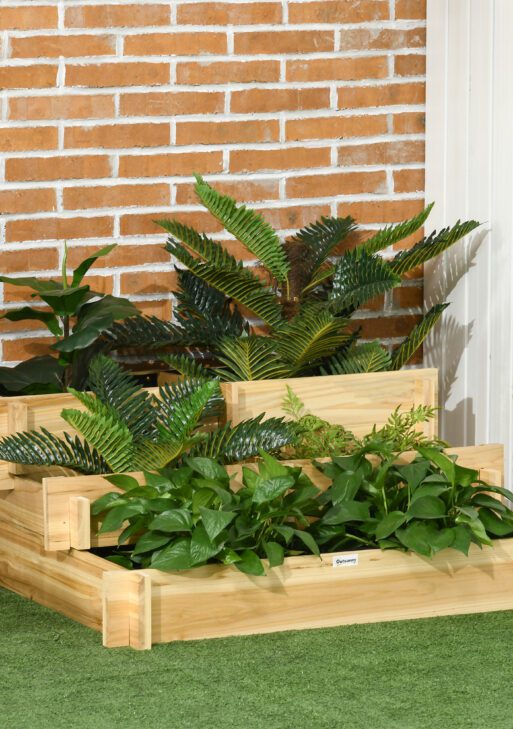 3 Tier Raised Garden Bed, Water Draining Fabric for Soil, Elevated Wood Flower Box for Vegetables, Herbs, Natural