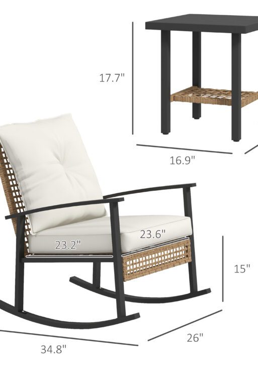 3 Pieces Bistro Set, Patio Wicker Furniture Set with Button Tufted Cushions, Rattan Rocking Chairs, Coffee Table, White