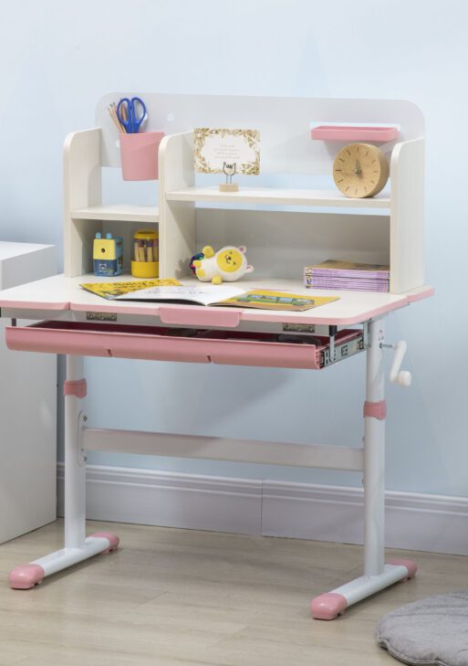 Wooden Kids Study Desk, Height Adjustable Children School Study Table, Student Writing Desk with Tilt Desktop, Drawer, Storage Shelf, Pen Holder, Pink