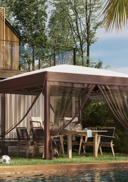 10' x 10' Pop Up Canopy Tent with Netting, Instant Sun Shelter, Tents for Parties, Height Adjustable, with Wheeled Carry Bag and 4 Sand Bags for Outdoor, Garden, Patio, Cream