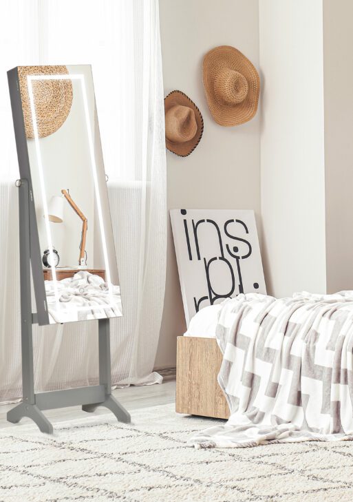 Floor Standing Jewelry Cabinet with LED Light, Lockable Jewelry Organizer with Full-Length Mirror, and 4 Adjustable Angles, Grey