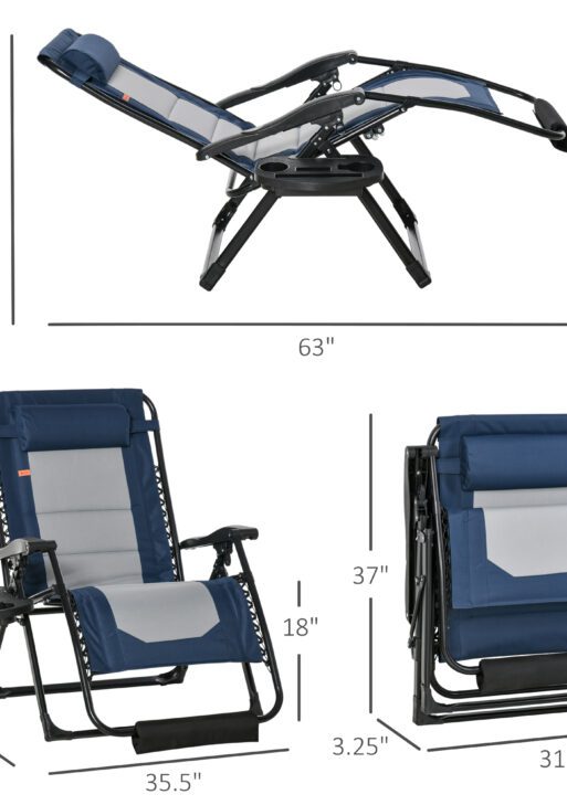 Foldable Outdoor Lounge Chair with Footrest, Oversized Padded Zero Gravity Lounge Chair with Headrest, Side Tray, Cup Holders, Armrests for Camping, Lawn, Garden, Blue