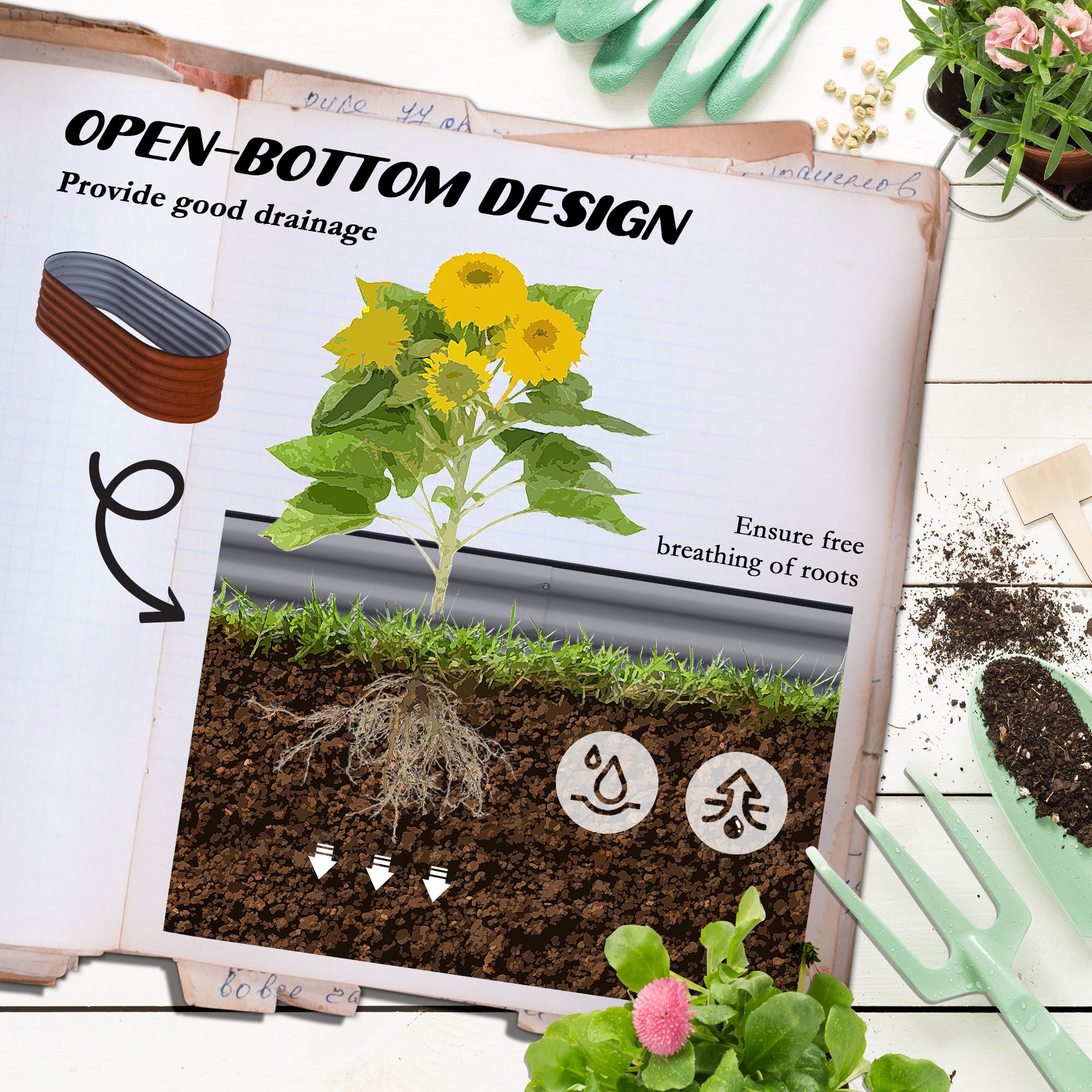 4.9' x 2' x 1.4' Galvanized Raised Garden Bed Kit, Metal Planter Box with Safety Edging, Brown - Image 3