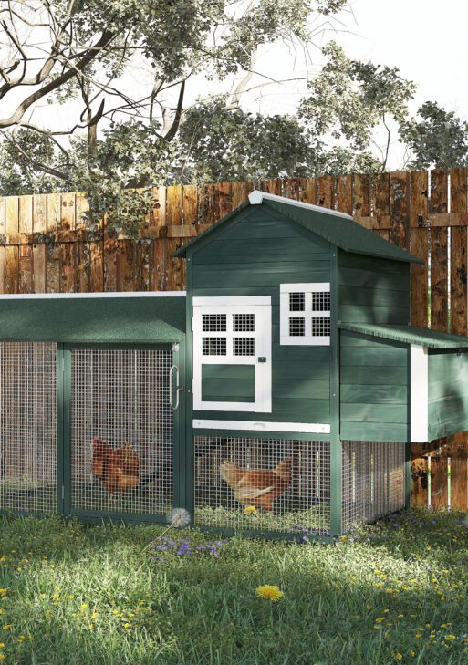 84" Wooden Chicken Coop, Hen House Outdoor with Run Nesting Box, Asphalt Roof, Removable Tray, Ramp, Poultry Cage for 2-3 Chickens, Green