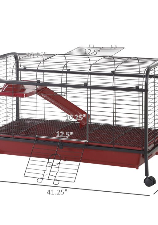 41"L Small Animal Cage, Pet Play House for Rabbit Hutch Ferret with Feeder, Rolling Wheels, Platform, Ramp