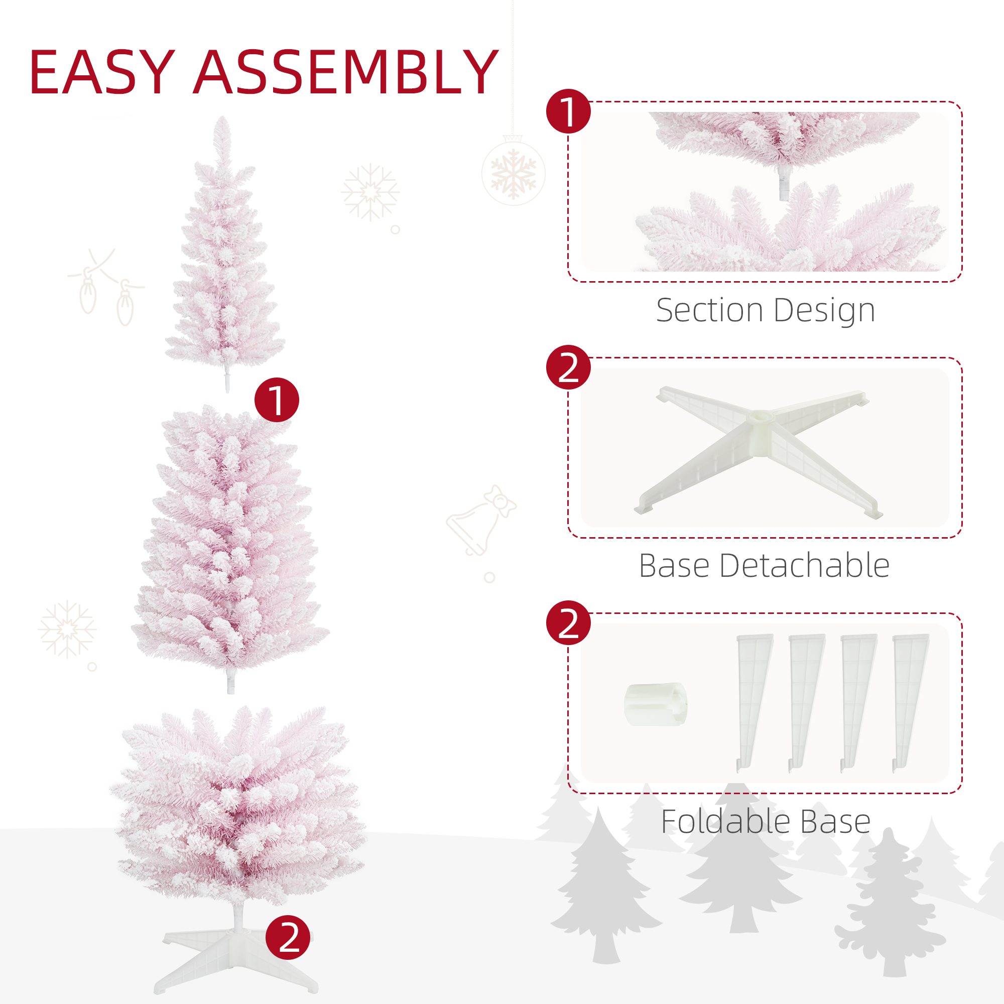 7' Decorated Christmas Tree Snow Flocked Artificial Christmas Tree with Pencil Shape, Realistic Branches, Pink - Image 4
