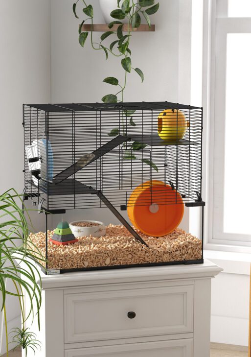 23.5" Hamster Cage, Gerbil Cage with Glass Basin for Small Hamsters, Black