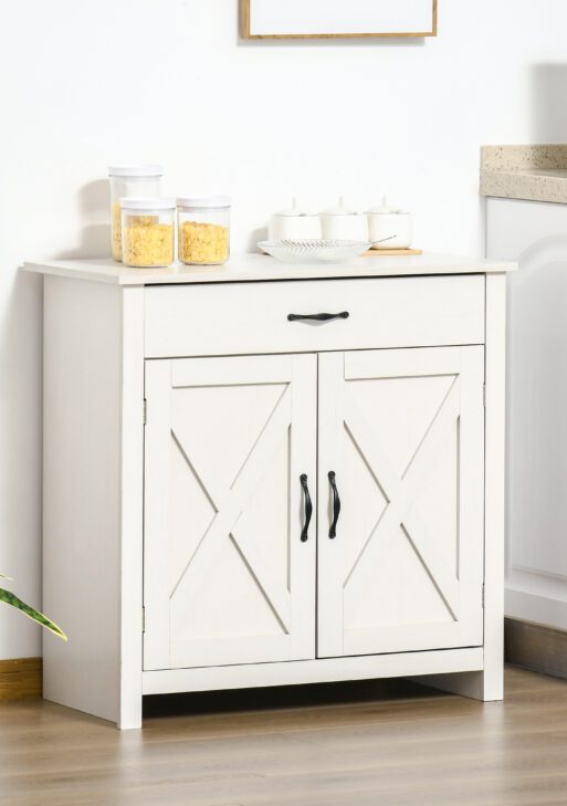 Farmhouse Sideboard Buffet Cabinet, Barn Door Coffee Bar Cabinet with Drawer and Adjustable Shelf for Kitchen, Living Room, Entryway, White Wash