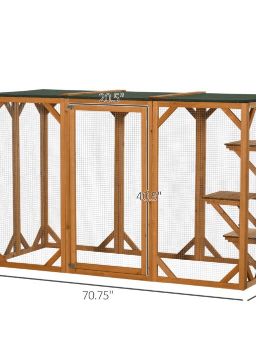 Outdoor Cat House, Catio Wooden Feral Cat Shelter, Cat Cage with Platforms, Large Enter Door, Weather Protection Asphalt Roof, 71" L, Orange