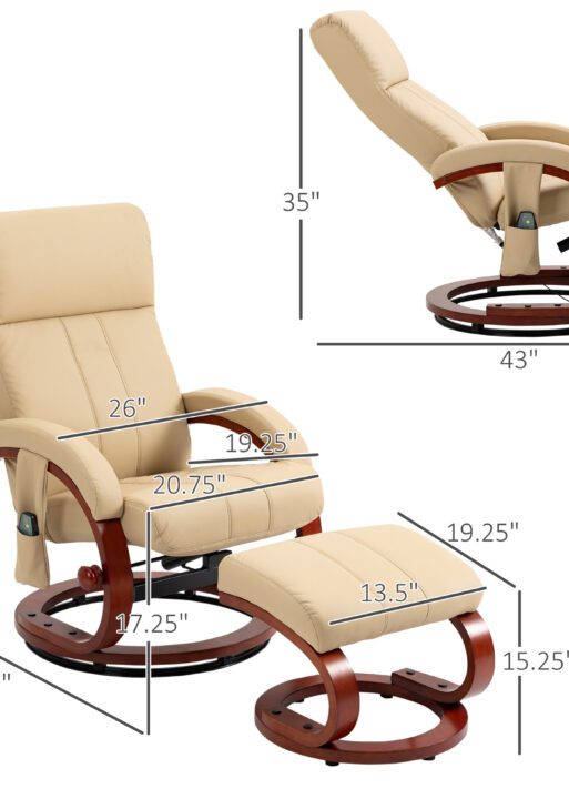Recliner Chair with Ottoman, Electric Faux Leather Recliner with 10 Vibration Points and 5 Massage Mode, Reclining Chair with Remote Control, Swivel Wood Base and Side Pocket, Beige