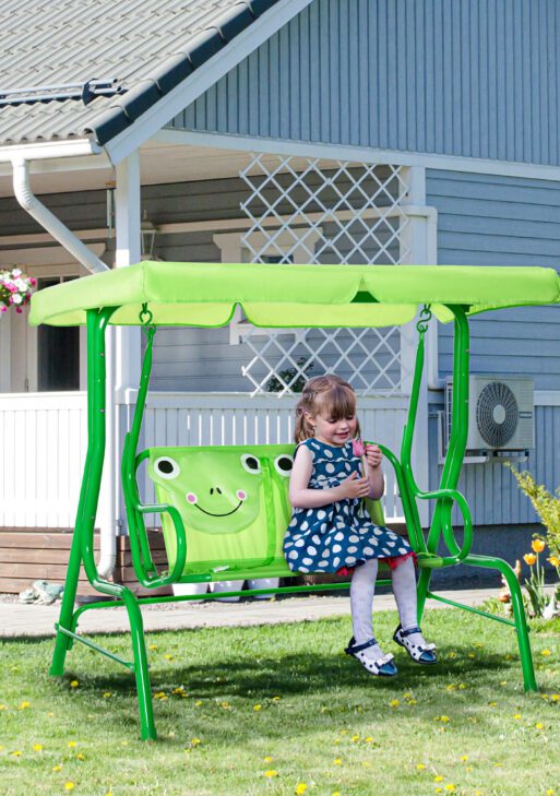 Porch Swing for Kids with Adjustable Canopy to Block Sun at Angles, Kids Swing Chair with Seatbelts, Frog Pattern, Gift for Kids Ages 3-6, Green