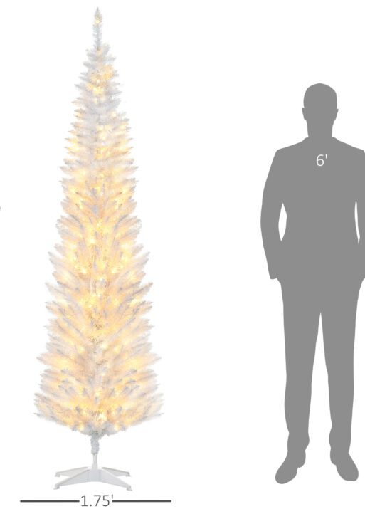7ft Pencil Christmas Tree, Slim Artificial Christmas Tree with Realistic Branches and Warm White LED Lights, White