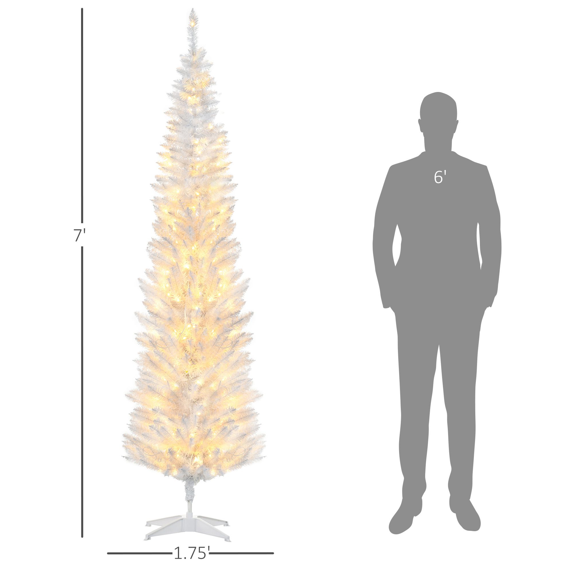 7ft Pencil Christmas Tree, Slim Artificial Christmas Tree with Realistic Branches and Warm White LED Lights, White - Image 1