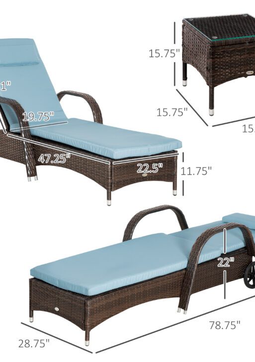Wicker Outdoor Chaise Lounge Chair Set of 3 with Side Table, 5-Level Adjustable Backrest PE Rattan Pool Lounge Chair with Wheels, Cushion & Headrest, Brown and Gray