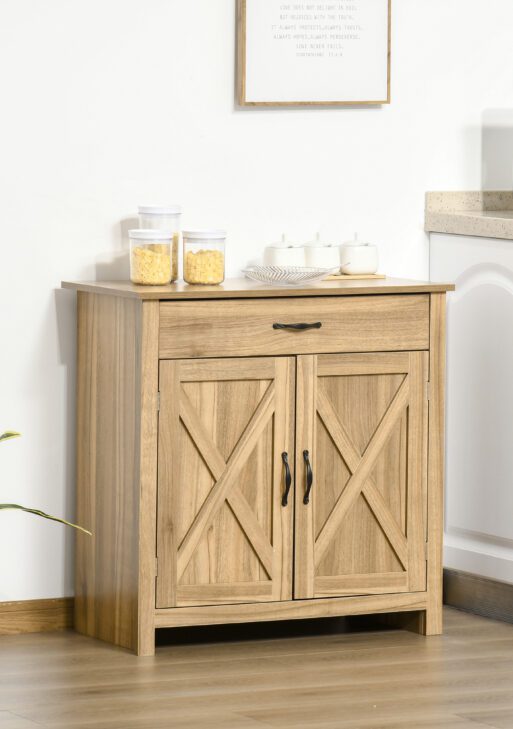 Farmhouse Sideboard Buffet Cabinet, Barn Door Coffee Bar Cabinet with Drawer and Adjustable Shelf for Kitchen, Living Room, Entryway, Natural Wood Effect