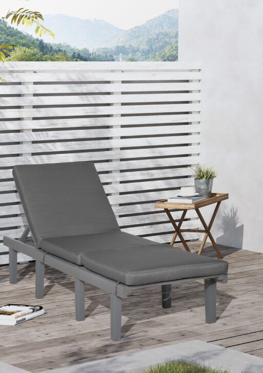 Chaise Lounge Chair for Outdoor, Wood Outdoor Chaise Lounge with 4-Position Adjustable Backrest and Cushion, Reclining Beach Lounge Chair for Deck, Pool, Lawn and Sunbathing, Gray