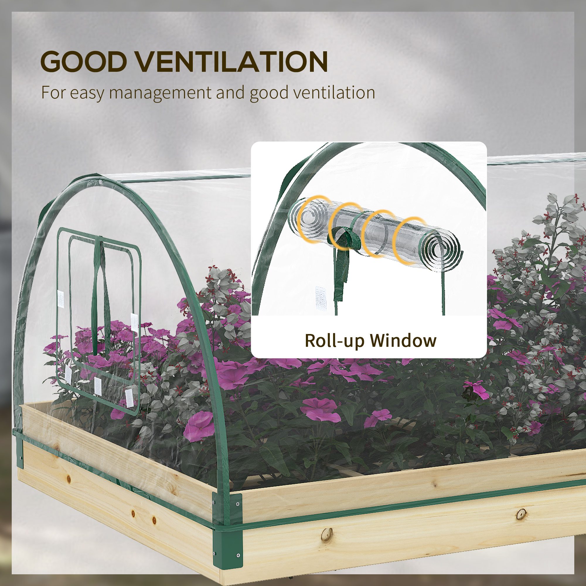 12 Pockets Raised Garden Bed with Greenhouse and Roll Up Windows, Wooden Planter Box Kit with Cover, Dual Use for Vegetables, Flowers, 4' x 3' x 2' - Image 3